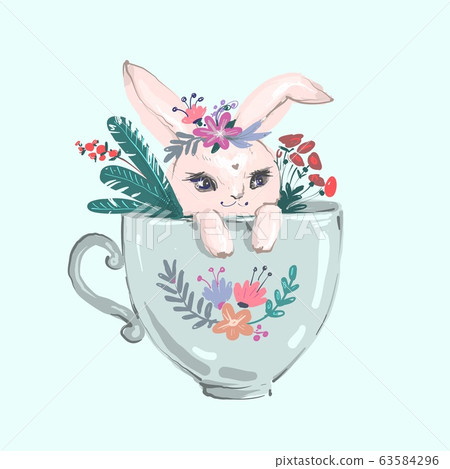 The rabbit sitting in the big cup and cute flower. The rabbit wear flower crown sitting in the big cup. The character of cute bunny 63584296