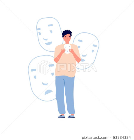Identity problems. Bipolar disorder, fake faces and emotions. Psychology, false behavior or deceiver. Man holding masks, theater and film actor vector illustration 63584324
