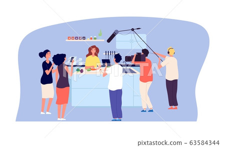 Culinary workshop. Cooking TV show, live streaming. Chef blogger in kitchen, fans and movie makers team vector illustration Culinary workshop. Cooking TV show, live streaming. Chef blogger in kitchen, fans and movie makers team vector illustration 63584344