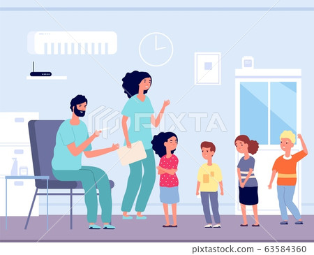 Children vaccination. Hospital visitors, kids crowd to doctor. Man with syringe and emotional child. Nursing, flu prevention vector illustration Children vaccination. Hospital visitors, kids crowd to doctor. Man with syringe and emotional child. Nursing, flu prevention vector illustration 63584360