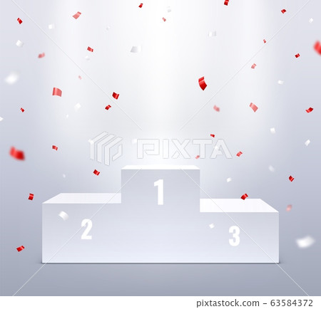 Podium and confetti. Sport pedestal for winners, 3d stairs award. Realistic trophy platform or stand. Celebration victory vector background 63584372