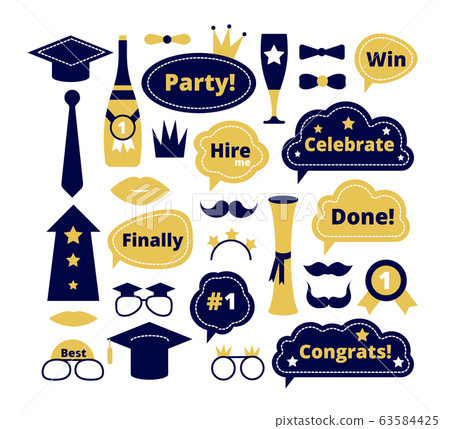 Graduation photo booth. School party props. Graduate funny sticker, speech bubbles. Isolated selfie decoration, congrats students vector set 63584425