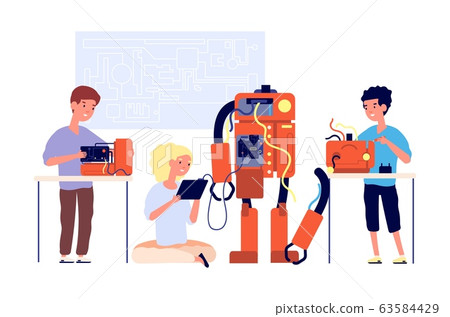 Robotics. Robots presentation, school engineering technology. Children showing cyborg. Young engineer education. Kids project vector concept 63584429