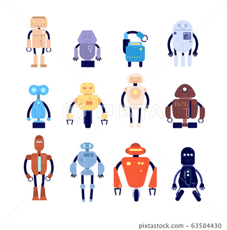 Robot characters. Cute fiction mechanical toy. Isolated technology androids for kids. Children vintage futuristic cyborg, robotic vector set 63584430