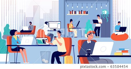 Coworking space. Smart corporate company. Meeting smiling creative people. Freelance coworkers, young businessman team vector illustration 63584454