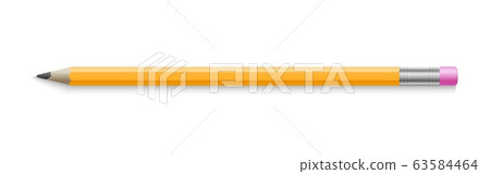 Realistic pencil. Isolated yellow wood graphic tool for school or college with eraser. 3d office stationery, draw instrument vector illustration Realistic pencil. Isolated yellow wood graphic tool for school or college with eraser. 3d office stationery, draw instrument vector illustration 63584464