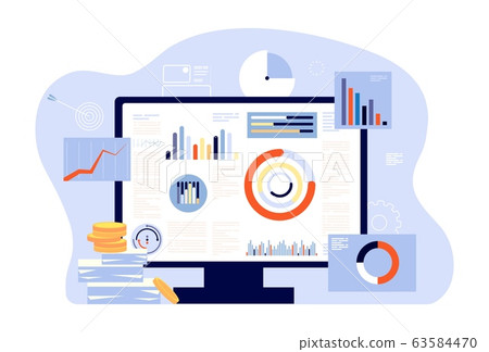 Financial report and accounting. Audit, investment success or tax reports. Computer screen, charts and graphs. Account business programm vector illustration Financial report and accounting. Audit, investment success or tax reports. Computer screen, charts and graphs. Account business programm vector illustration 63584470