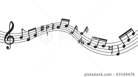 Music note wave. Notes background, musical poster. Isolated abstract stave, treble clef and sound icons. Vector soundtrack illustration 63584476