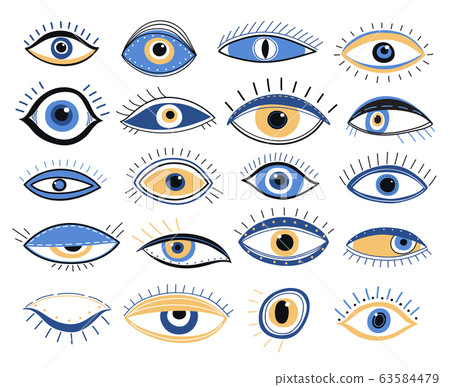 Evil eye. Graphic eyes elements, traditional energy talismans. Magic looking amulet, decorative alchemy occult mystic symbols vector signs Evil eye. Graphic eyes elements, traditional energy talismans. Magic looking amulet, decorative alchemy occult mystic symbols vector signs 63584479