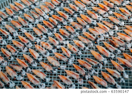 Dried small squids at Kinosaki Onsen village in Hyogo, Japan 63590147