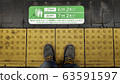Feet stand on the yellow line beside the train 63591597