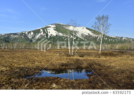 Mt.Shibutsu reflected in the wooden path and Chitang in Ozegahara Mt.Shibutsu reflected in the wooden path and Chitang in Ozegahara 63592173