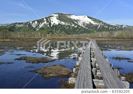 Mt.Shibutsu reflected in the wooden path and Chitang in Ozegahara Mt.Shibutsu reflected in the wooden path and Chitang in Ozegahara 63592205