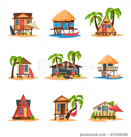 Collection of Beach Bungalows on Coast of Tropical Sea, Summer Seaside Vacation Wooden Cabins Vector Illustration Collection of Beach Bungalows on Coast of Tropical Sea, Summer Seaside Vacation Wooden Cabins Vector Illustration 63598686