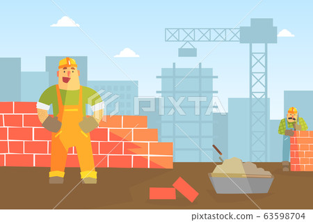 Male Builder Buiding Brick Wall, Construction Worker Character Flat Vector Illustration Male Builder Buiding Brick Wall, Construction Worker Character Flat Vector Illustration 63598704