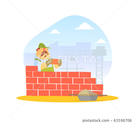 Male Builder Laying Bricks in Wall, Construction Worker Character Vector Illustration 63598706