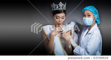 Miss Beauty Queen Pageant Contest with Diamond crown sash is checked up by Beautician Doctor and recommend consult before Plastic Surgery, skin treatment, increase up size breast implant 63599026