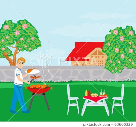 Happy male grilling bbq meat outdoor in nature Happy male grilling bbq meat outdoor in nature 63600329