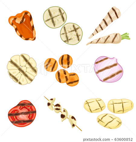 Grilled Skewered Vegetables and Mushrooms Isolated on White Background Vector Set 63600852