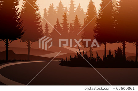 Natural pine trees forest. Mountains horizon hills and the route. Sunrise and sunset. Landscape wallpaper. Illustration vector style. Colorful view background. Natural pine trees forest. Mountains horizon hills and the route. Sunrise and sunset. Landscape wallpaper. Illustration vector style. Colorful view background. 63600861