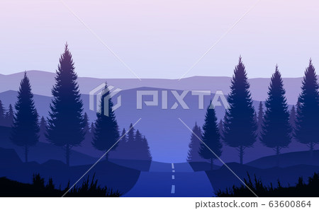 Natural pine trees forest. Mountains horizon hills and the route. Sunrise and sunset. Landscape wallpaper. Illustration vector style. Colorful view background. Natural pine trees forest. Mountains horizon hills and the route. Sunrise and sunset. Landscape wallpaper. Illustration vector style. Colorful view background. 63600864