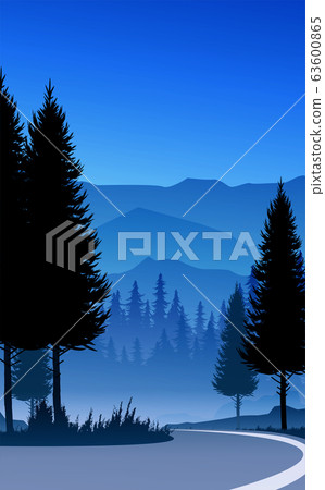 Natural pine trees forest. Mountains horizon hills and the route. Sunrise and sunset. Landscape wallpaper. Illustration vector style. Colorful view background. Natural pine trees forest. Mountains horizon hills and the route. Sunrise and sunset. Landscape wallpaper. Illustration vector style. Colorful view background. 63600865