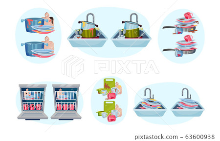 Clean and Dirty Dishes Piled in Kitchen Sink and Dishwashing Machine Vector Set Clean and Dirty Dishes Piled in Kitchen Sink and Dishwashing Machine Vector Set 63600938