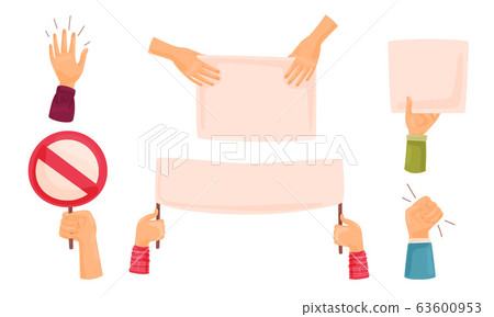 Hands Holding Different Banners and Billboards Protesting Against Something and Voting Vector Set 63600953