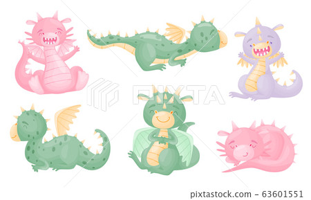 Cute Dragon with Small Wings and Horned Body Vector Set Cute Dragon with Small Wings and Horned Body Vector Set 63601551
