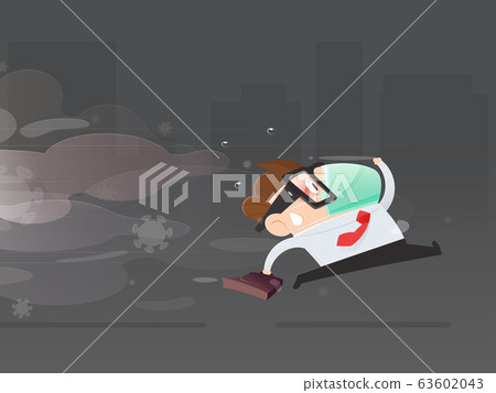 Cartoon man wearing a health mask running away from PM 2.5 dust 63602043