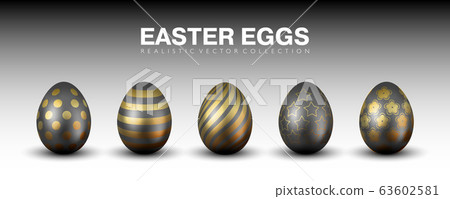 Luxury stylish matte black realistic 3D easter eggs vector collection with different golden ornaments Luxury stylish matte black realistic 3D easter eggs vector collection with different golden ornaments 63602581