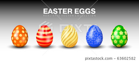Multicolored realistic 3D easter eggs vector collection. Orange, red, yellow, blue and green eggs with different golden ornaments Multicolored realistic 3D easter eggs vector collection. Orange, red, yellow, blue and green eggs with different golden ornaments 63602582