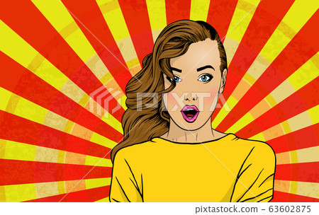 Pop art surprised woman face with open mouth. Comic woman with brown hair. Vector colorful background in pop art retro comic style. Party invitation poster 63602875