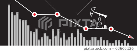 Oil price falling down graph vector concept horizontal banner with arrows and oil rigs isolated on grey background. vector business market illustration background Oil price falling down graph vector concept horizontal banner with arrows and oil rigs isolated on grey background. vector business market illustration background 63603126