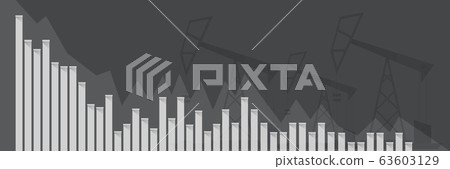 Oil price falling down graph vector concept horizontal banner with arrows and oil rigs isolated on grey background. vector business market illustration background 63603129