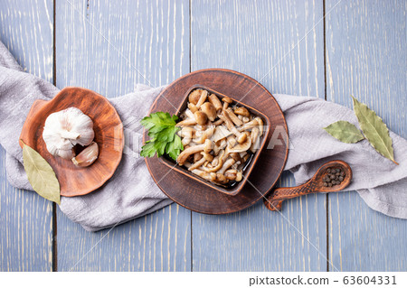 Ceramic brown dishes with pickled forest honey agarics and spices on grey napkin on center of grey wooden table. Fermented healthy food. Marinated mushrooms are source of protein. Sustainable food. Ceramic brown dishes with pickled forest honey agarics and spices on grey napkin on center of grey wooden table. Fermented healthy food. Marinated mushrooms are source of protein. Sustainable food. 63604331