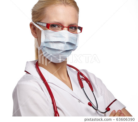 Woman doctor wearing medical anti virus mask. Woman doctor wearing medical anti virus mask. 63606390