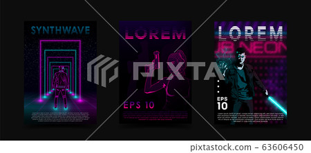 Retrowave Vaporwave Synthwave Posters Set Neon 插圖素材 圖庫
