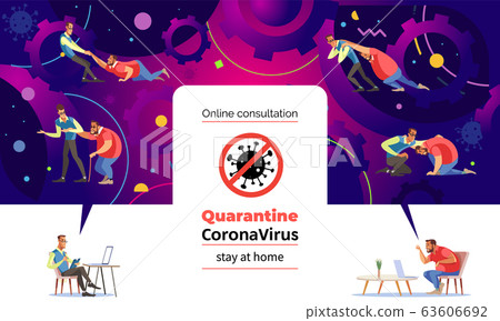 Coronavirus. Stay at home. Man on psychologist online session. A man talks about her problems to a therapist through a video call.The psychologist reassures patient and helps to deal with the problem. 63606692