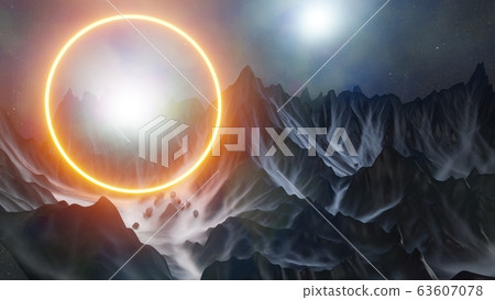 Abstract background of mountains and orange neon circle Abstract background of mountains and orange neon circle 63607078