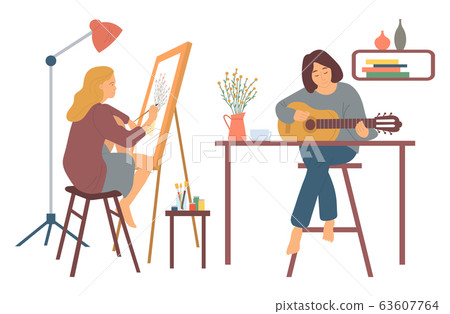 Woman Playing Guitar and Painting Pictures Hobby 63607764