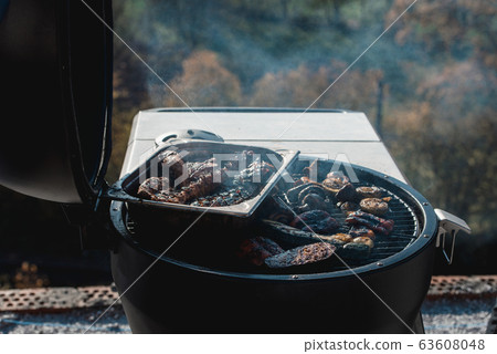 meat grilling over the coals on a portable 63608048