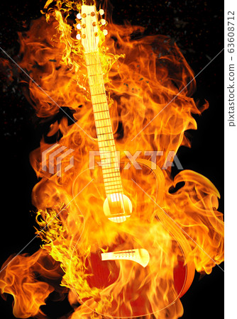 Burning guitar on black background isolated 63608712