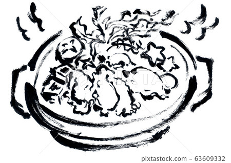 Line drawing, black and white, monochrome, monochromatic seasonal food, seasonal material, hand-painted, brush-drawn, hot pot, illustration, soft, 63609332