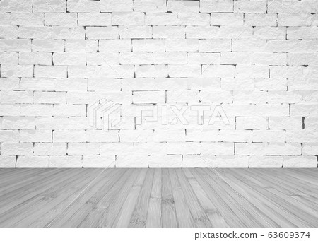 Grunge old aged brick wall painted in white color with wooden floor textured background in light grey 63609374