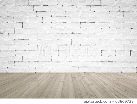 Grunge old aged brick wall painted in white color with wooden floor textured background in sepia brown 63609722