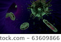 Red blood cells with viruses under the microscope . Virus infection  illustration. Blood poisoning. Large round bacteria. 63609866