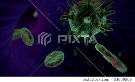 Red blood cells with viruses under the microscope . Virus infection illustration. Blood poisoning. Large round bacteria. Red blood cells with viruses under the microscope . Virus infection illustration. Blood poisoning. Large round bacteria. 63609866