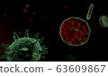 Red blood cells with viruses under the microscope . Virus infection  illustration. Blood poisoning. Large round bacteria. 63609867
