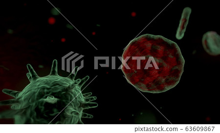 Red blood cells with viruses under the microscope . Virus infection illustration. Blood poisoning. Large round bacteria. Red blood cells with viruses under the microscope . Virus infection illustration. Blood poisoning. Large round bacteria. 63609867